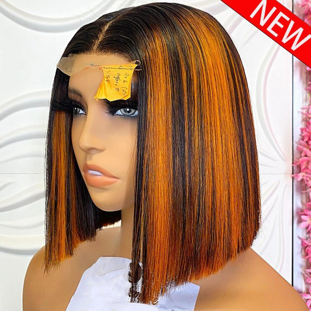 Remeluxe Highlight Bob Perücke, Glatt, 13x4 HD Transparente Lace Frontal, Echthaar, Ingwerfarben, Damen - Bild 1