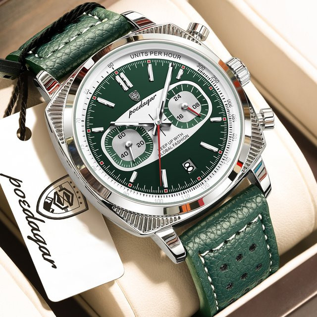 POEDAGAR Armbanduhr Chronograph, Quarz, Edelstahl, Leder, Silber, Herren - Bild 1
