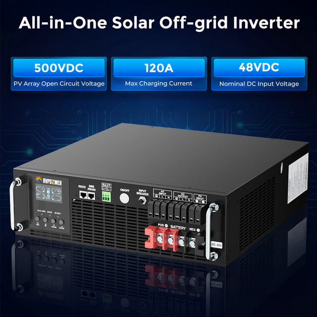 RVPOZWER 6200W Hybrid-Solarwechselrichter in Schwarz mit reiner Sinuswelle, RS485-Schnittstelle für BMS-Kommunikation, RS232-Schnittstelle zur Betriebsdatenüberwachung und LCD-Display - Bild 1