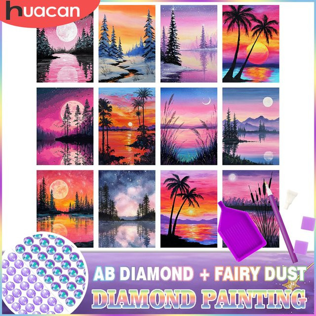 HUACAN Diamantmalerei Set Feenstaub-Baumwald-Landschaft mit runden Perlen, Multicolour, Durchmesser: 30 cm - Bild 1