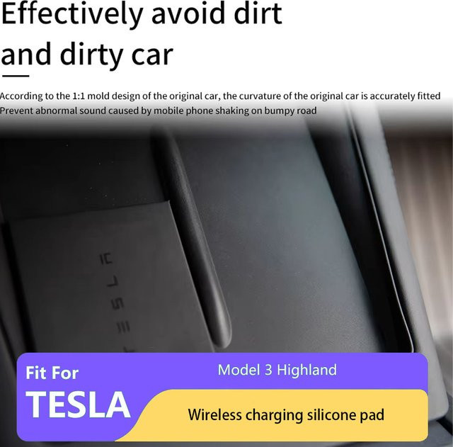 Tesla Modell 3 Highland 2024 Wireless Charging Silikon Pad für die Center Console und Armlehne, Schwarz - Bild 1