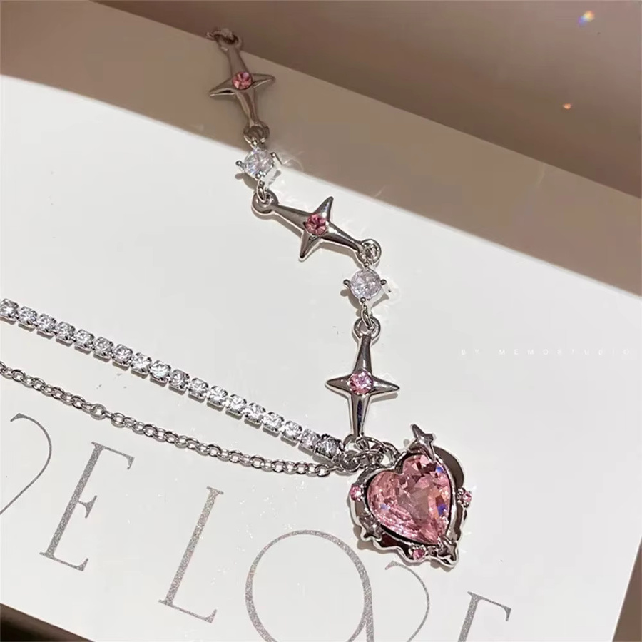 SUMENG Halskette, Rosa Kristallherz-Anhänger, Silber, Damen - Bild 2