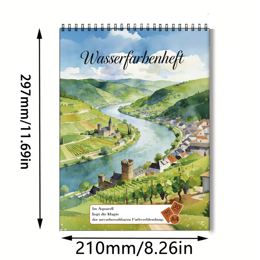 Professionelles Aquarell-Skizzenbuch A4 mit Spiralbindung, 30 Blatt säurefreies Papier mit 180g/m², River Bend Vineyard & Castle Cover - Bild 2