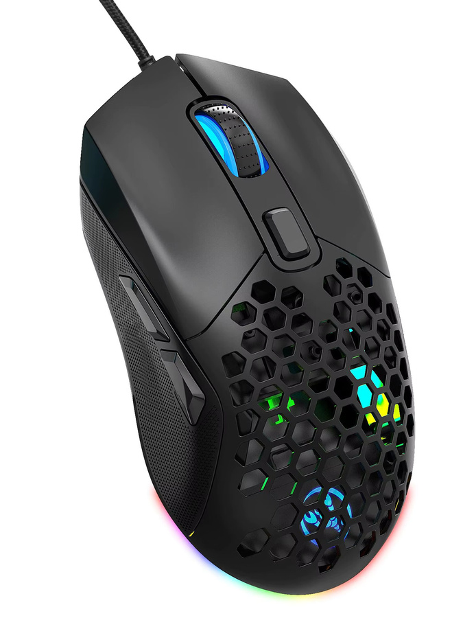HXSJ RGB-Gaming-Maus mit 7200 CPI, USB-Anschluss, geflochtenem Kabel und austauschbarer Rückseite in Schwarz - Bild 4