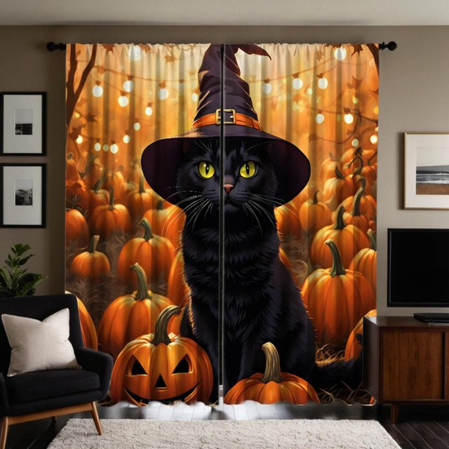 2er-Set Halloween Dekovorhänge mit Katzen, Kürbis und Hut, Digitaldruck, Orange und Gelb, B: 132 cm, H: 160 cm - Bild 1