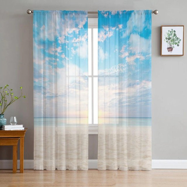 Transparente Vorhänge mit Meeres- und Kokosnussbaum-Motiv von A Family Of Home Textiles, Farbe Blau, B/H: 135 x 137 cm - Bild 1