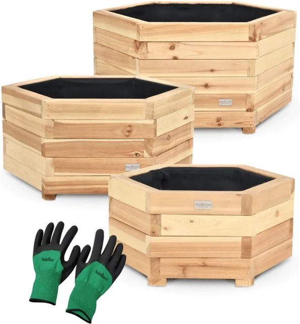 DELUKE 3er Set Pflanzkasten MICHA aus Tannenholz, 6-eckig, braun, inklusive Vlies und Handschuhe für Garten und Terrasse - Bild 1