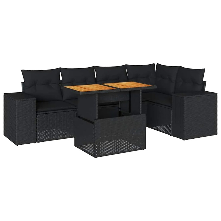vidaXL 6-tlg Garten-Sofagarnitur in L-Form aus Polyrattan und Akazienholz mit Kissen, Schwarz - Bild 2