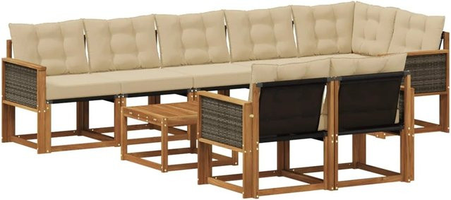 vidaXL Outdoor-Sofagarnitur aus Akazienholz mit 9 Kissen in Natur und Beige, modern mit Textilene und Schaumstoff - Bild 1