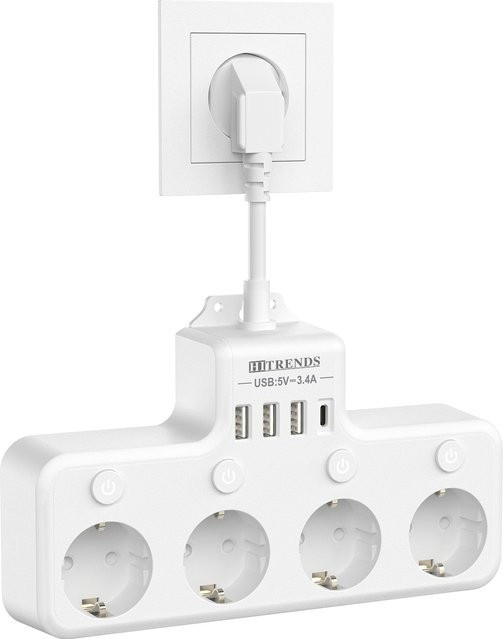 HITRENDS 8-in-1 Multifunktionssteckdose in Weiß mit 4 AC-Steckplätzen, 3 USB-A und 1 USB-C Anschluss, inklusive Kindersicherung und unabhängigen Schaltern - Bild 1