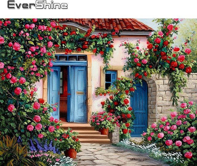 EverShine 5D Diamant-Mosaik Stickerei Landschaft mit Blumenhaus und Rosen, Vollquadratisches Strass-Bild, Mehrfarbig, B/H: 30,0 x 20,0 cm - Bild 1