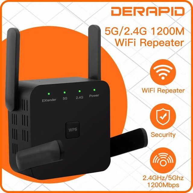 DERAPID WiFi Repeater 1200Mbps Dual-Band 2,4 GHz/5 GHz Wireless Range Extender Signal Verstärker in Schwarz - Bild 1