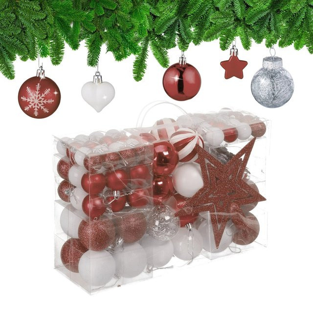 Relaxdays Weihnachtskugeln Set aus Kunststoff in Braun mit Herz, Stern und Schneeflocken Motiven, matt, glänzend und glitzernd, 101er Set - Bild 1