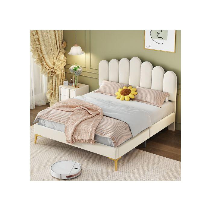 MUVOE Doppelbett mit verstellbarem Kopfteil aus Velours in Beige, B/T: 140 x 200 cm - Bild 2