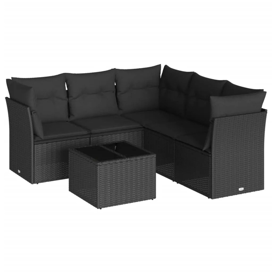 vidaXL 6-tlg Garten-Sofagarnitur in L-Form mit Kissen und Couchtisch, Schwarz, Poly-Rattan und Metall - Bild 2