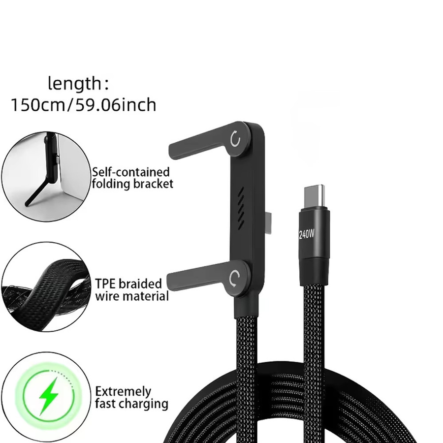 KEPHE All-in-One USB-C Schnellladekabel mit klappbarem Ständer und geflochtenem Design in Schwarz - Bild 2