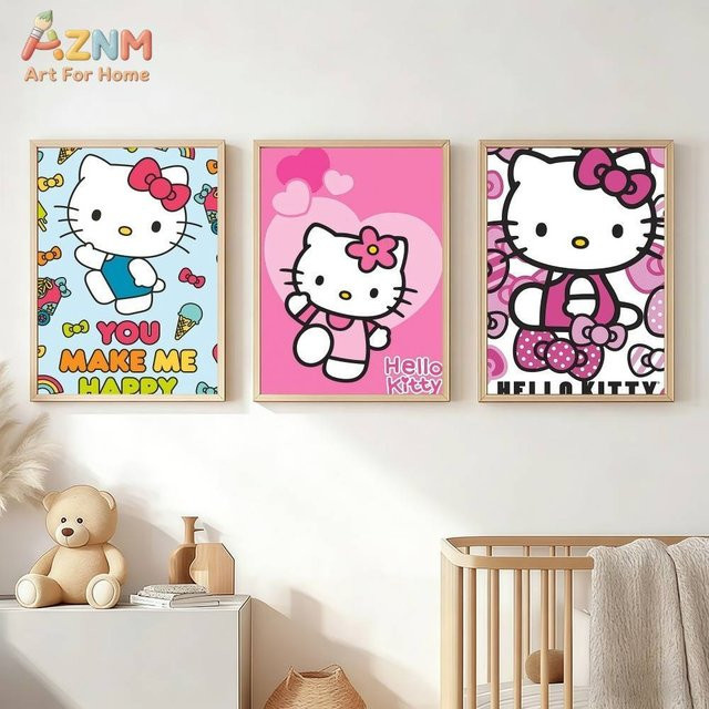 AZNM Hello Kitty Sanrio Leinwand-Wandkunst, bunter Cartoon-Katzen-Druck mit Schleifen- und Herz-Motiv, Farbe: Mehrfarbig - Bild 1