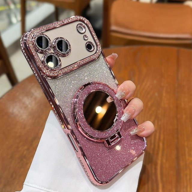 MagSafe Handyhülle mit Glitzer Diamant und Spiegel für Apple iPhone 17 16 15 14 13 12 in Pink und Multicolour mit Kamera-Linsenschutz und Ständer - Bild 1