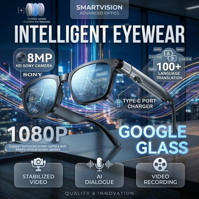GUHUAVMI Smart AI-Brille mit 8MP HD-Kamera, WLAN, Übersetzungsfunktion und Anruffunktion, wasserfeste Sonnenbrille für Herren in Schwarz, iOS-kompatibel - Bild 1