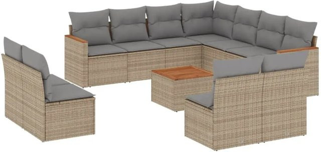 vidaXL 12-teilige Garten-Sofagarnitur aus Poly-Rattan und Akazienholz mit Kissen in Beige - Bild 1