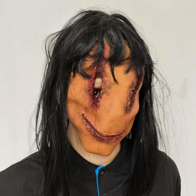 Japanischer Stil genäht Mund Geist Latexmaske, Beige, Gummi - Bild 1