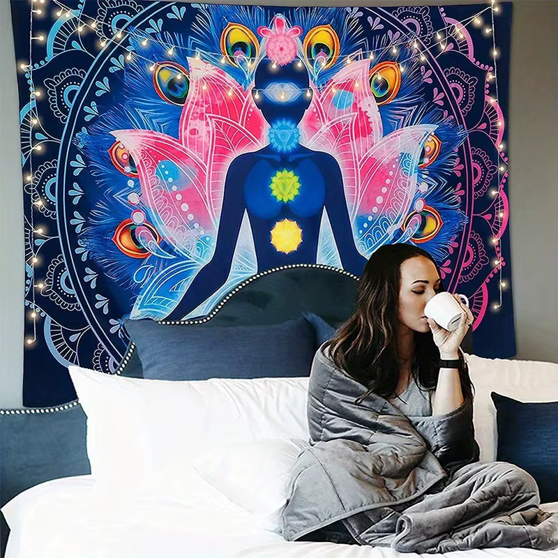 VIKAMA Sieben Chakren Meditation Wandteppich mit Mandala Design in Multicolour, Boho Wanddekoration für Yoga und Wohnzimmer, B/H: 60 x 40 cm - Bild 2