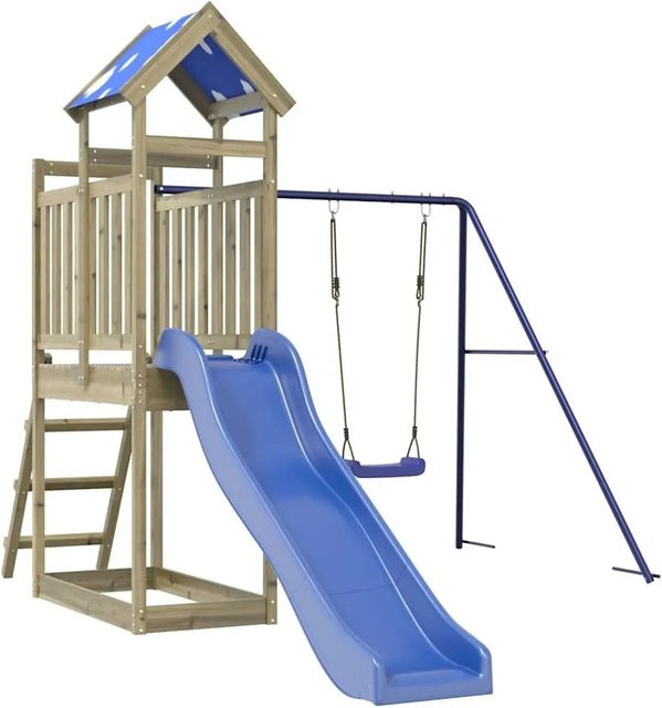 vidaXL Spielturm aus imprägniertem Kiefernholz mit Rutsche, Sandkasten, Schaukel und Sonnendach in Blau, B/T/H: 304 x 215 x 160 cm - Bild 1