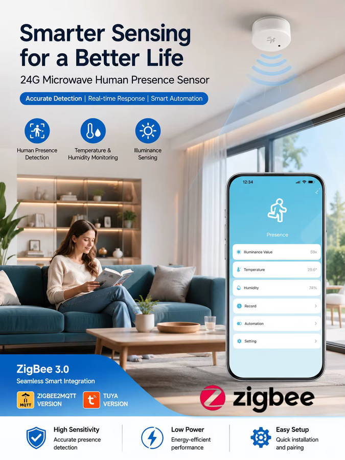 Coolo Zigbee 24GHz mmWave Radar Anwesenheitssensor mit Temperatur-, Luftfeuchtigkeits- und Helligkeitsmessung in Weiß für Tuya und MQTT - Bild 5