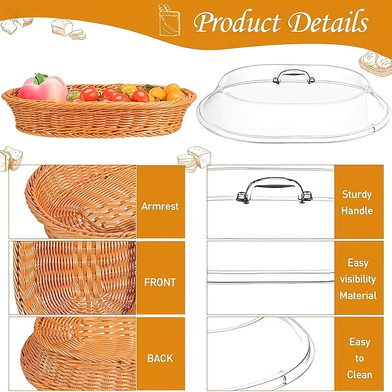 Untior Rattan-Brotkorb aus Weide in Beige und Braun mit transparentem Deckel zum Servieren von Brot, Obst und Snacks - Bild 3
