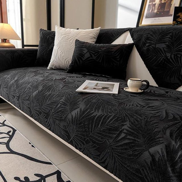 Jacquard-Sofabezug aus Samt mit Blattmuster in Cremefarben, rutschfester Winter-Couchschutz für dein Wohnzimmer, inklusive Couchkissen 70 x 70 cm - Bild 1