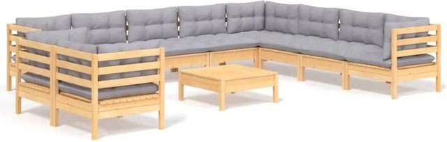 vidaXL 11-tlg. Garten-Lounge-Set aus massivem Kiefernholz mit grauen Polstern und Kissen - Bild 1