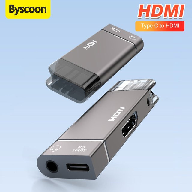 Byscoon PD 100 W Typ-C-zu-HDMI-Adapter mit 8K HD-Übertragung und 3,5-mm-Kopfhöreranschluss in Grau für MacBook, Chromebook, Samsung und Xiaomi - Bild 1