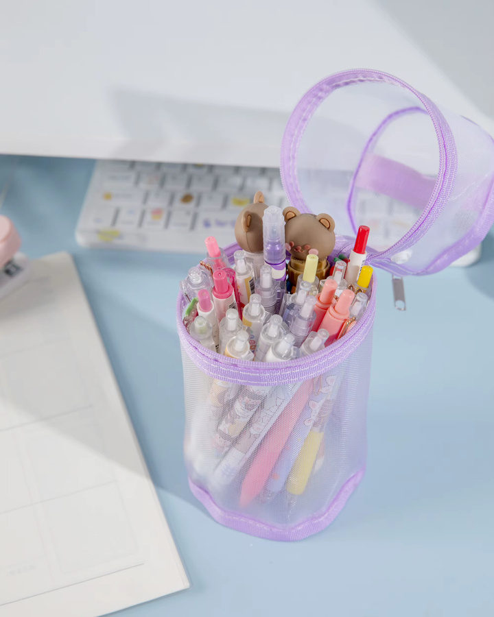 Transparente vertikale Stiftetasche aus Netzmaterial mit großem Fassungsvermögen für Studenten in Grün oder Lila - Bild 1