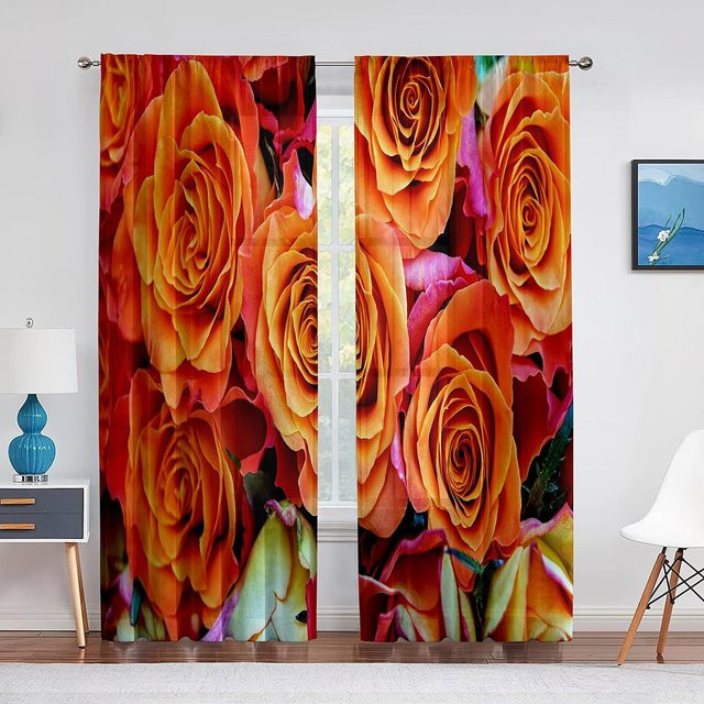 Super Six Transparente Fenstergardine mit rotem Rosenmuster aus Chiffon und Tüll, Farbe: Rot/Mehrfarbig, Breite: 100 cm, Höhe: 250 cm - Bild 1
