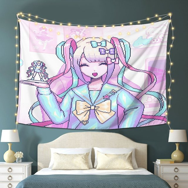 VIKAMA Pixel-Style Super Girl Wandteppich in Rosa und Lila als Anime Raumdekoration - Bild 1