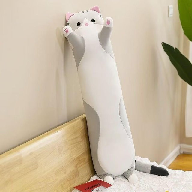 Langes Katzen-Plüsch-Körperkissen in Grau, weiches Tier-Stofftier-Kissen zur Dekoration und als Schlafkissen, Länge: 70 cm - Bild 1