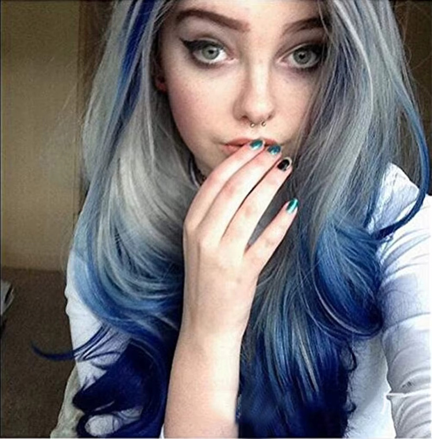 soowee Perücke, synthetisch, lang, blau Ombre-Grau, gewellt, Damen - Bild 3