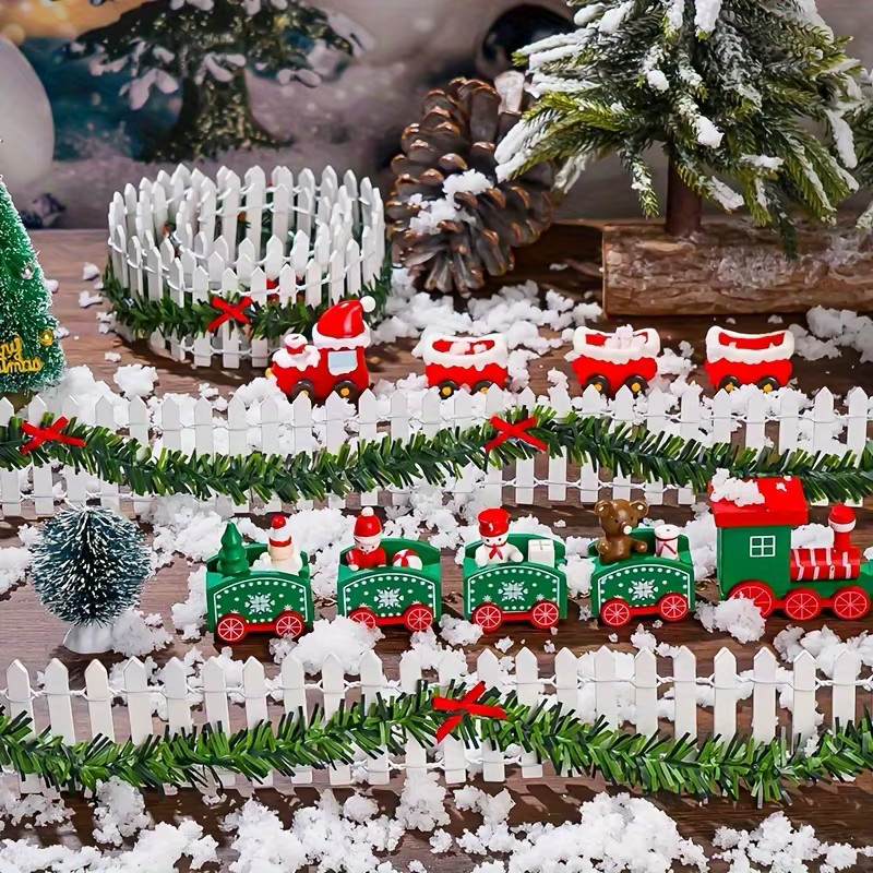 DUTRIEUX Mini Weihnachtsdorf Dekoration Weißer Lattenzaun mit Holzoptik, Grüner Girlande und Roten Schleifen für Puppenhaus und Gartendekoration - Bild 6