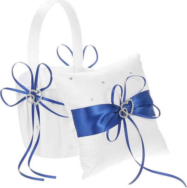 TOMTOP JMS Hochzeitsset mit Satin-Ringträgerkissen in Herzform und Blumenmädchen-Korb in Blau - Bild 1