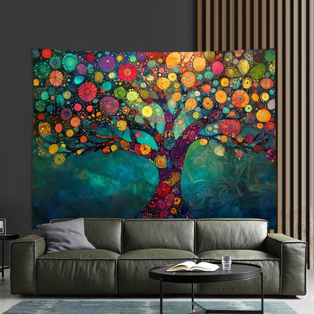VIKAMA Wandteppich Baum des Lebens in Pop-Art Optik, bunter floraler Stoff-Wandteppich für dein Wohnzimmer - Bild 1