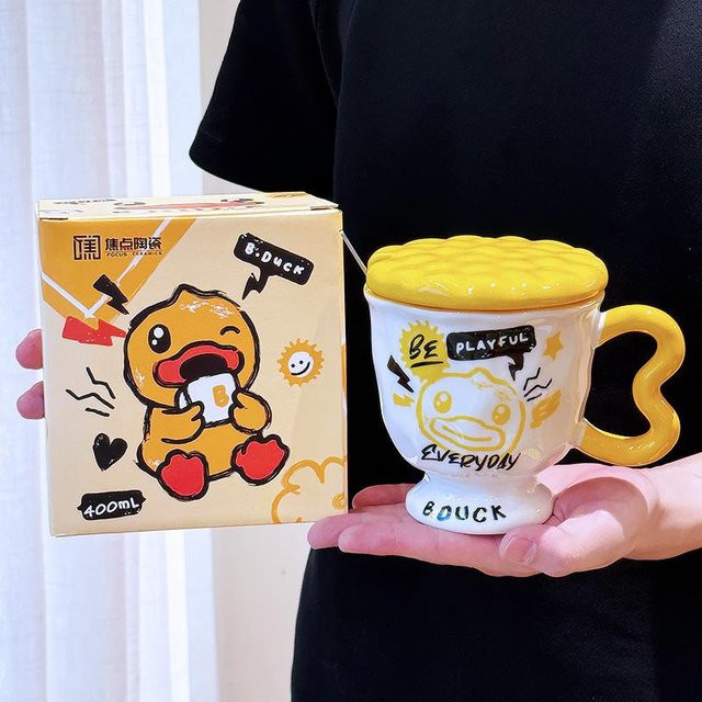 Keramiktasse mit Deckel und Löffel von Yiran toy 1, Gelbe Ente, 400 ml - Bild 1