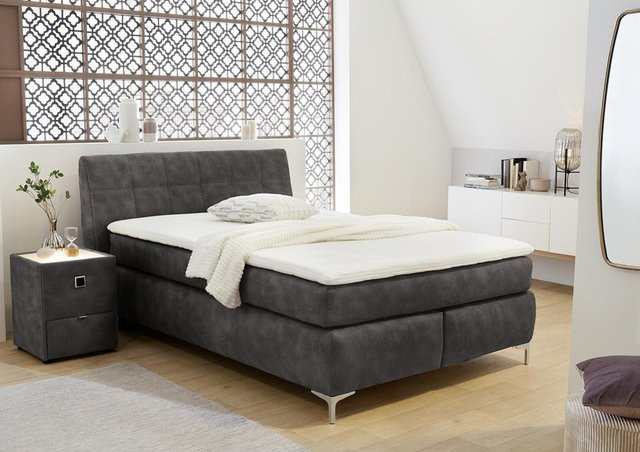 Boxspringbett Fina in Grau mit Microfaser-Bezug und Bonell-Federkern, B/L: 140 x 200 cm - Bild 1