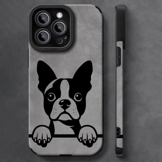 Potdemiel Leder-Lammfell-Handyhülle mit Boston Terrier Motiv für iPhone 17 16 Pro Max 15 14 13 Max in Schwarz oder Grau - Bild 1