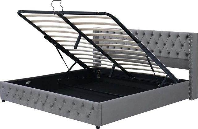 okwish Polsterbett im Chesterfield-Design mit Hydraulik-Lift und Kopfteil, Grau, B/T/H: 160 x 200 x 104,5 cm (ca.) - Bild 1