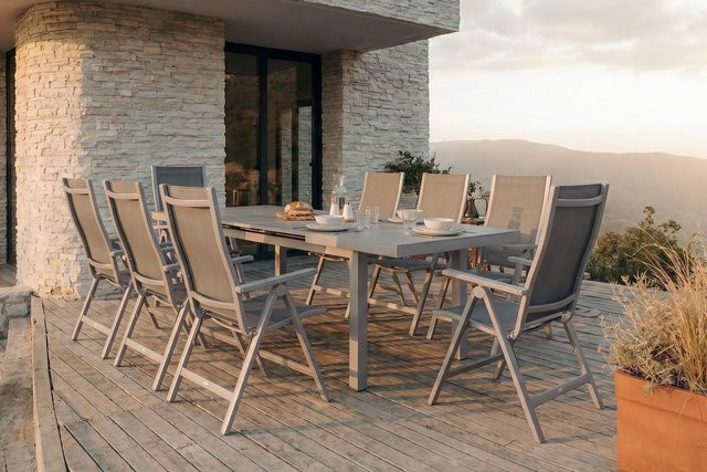 OUTFLEXX Premium Garten-Essgruppe aus Aluminium und Textilene in Silber/Grau mit Ausziehtisch und 8 Klappstühlen, Tischmaße: Breite: 180 bis 240 cm, Tiefe: 100 cm - Bild 1