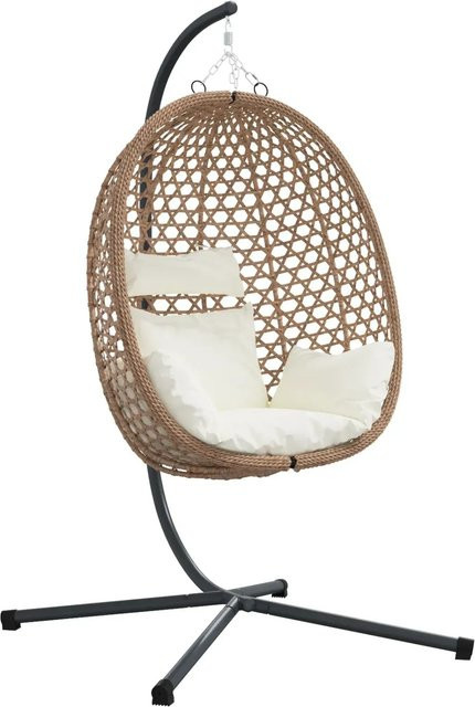 vidaXL Hängender Ei Stuhl mit Ständer aus Poly-Rattan in Hellcreme inklusive Kissen - Bild 1
