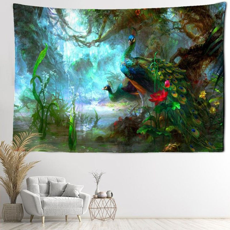 Bohemian Wandkleed mit Tropischem Regenwald und Pfau Motiv, mehrfarbig, Textil, Breite: 95 cm, Höhe: 70 cm - Bild 1
