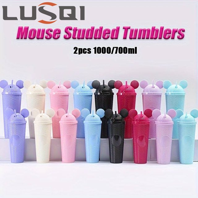 Lusqi Trinkflaschen Set mit Maus-Ohren und Strohhalmen, 2er Set, Pink - Bild 1