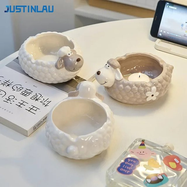JUSTINLAU Keramik-Aschenbecher in Grau mit Cartoon-Kaninchen- und Schaf-Form als Tischdekoration und Kerzenhalter - Bild 1