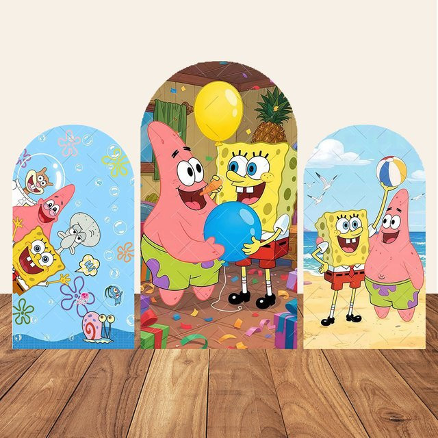 Potdemiel SpongeBob und Patrick Star Fotografie-Hintergrundabdeckung im Bogen-Design für Kindergeburtstage und Babypartys - Bild 1